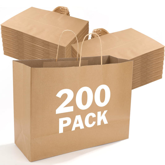 XPCARE 200Pack Large Paper Gift Bags with Handles Bulk,16x6x12 Inch Kraft Bag Packaging Brown Paper Bags for Birthday Party Boutiques Business Retail Stores Merchandise