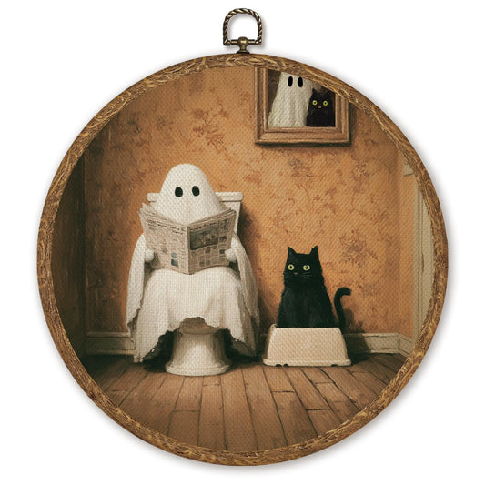 Vintage Ghost and Black Wall Art Decor 10x10 Inch Framed,Dark Moody Retro Animal Home Decor, Aesthetic Circular Art for Bathroom Toilet, Unique Gift for Women Men(Warm-Ghost)
