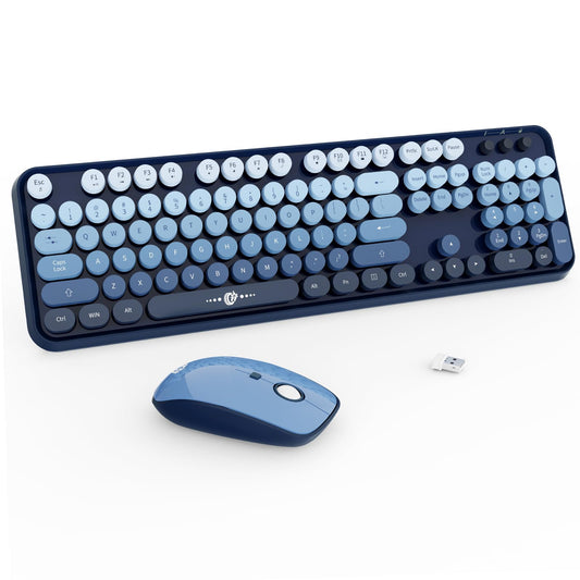 FOPETT Wireless Keyboard and Mouse Combo - 2.4G Full-Sized Cute Colorful Mouse and Keyboard with 104 Round Keys Retro Typewriter Keyboard for Laptop/Windows/PC - Blue Gradient
