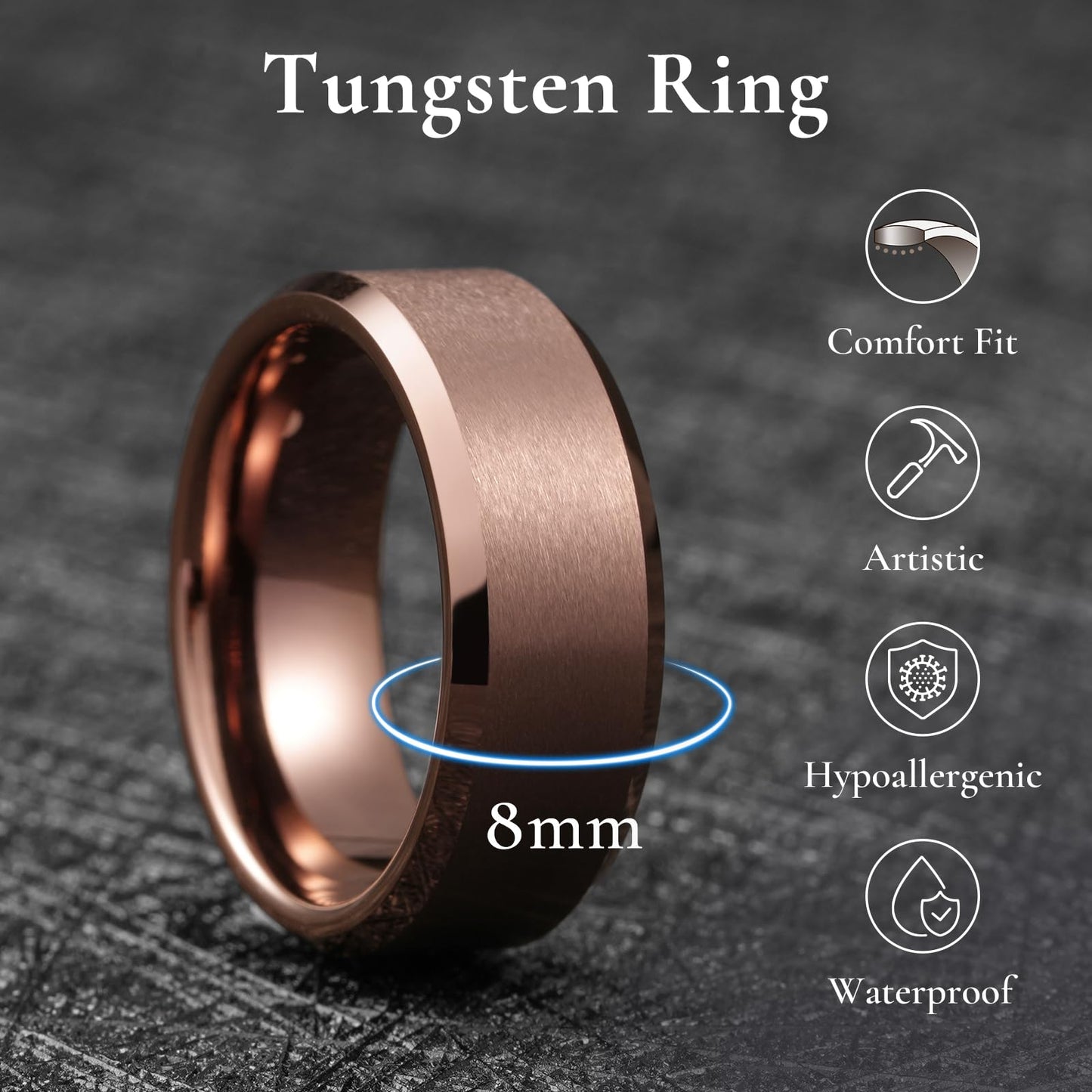 King Will Brown Basic Tungsten Rings For Men 8mm Wedding Band Polished Edge Brushed Matte Promise Ring Comfort Fit, Size 14