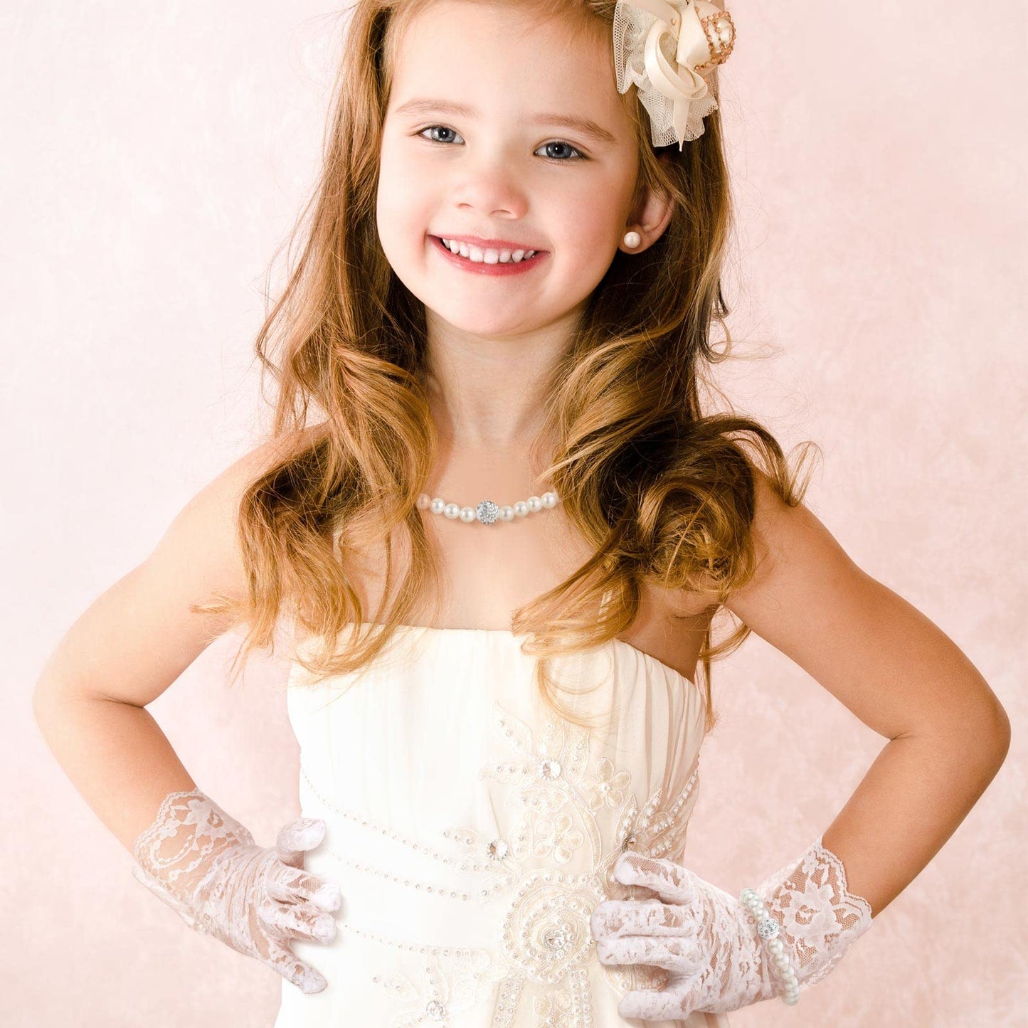 Geyoga 4 Pcs Pearl Necklace Set for Little Girls Toddler Girls Jewelry Communion Gloves for Kids Christmas Tea Party Wedding(Exquisite Style,8-12 Years)