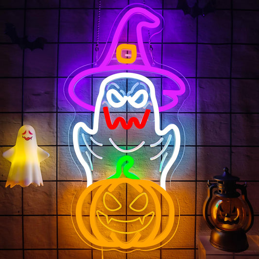 hhuohuona Halloween Neon Sign Dimmable Ghost Led Sign Halloween Ghosts With Witch Hat Neon Lights Jack-O'-Lantern Light Up Sign Spooky Boo Window Lights