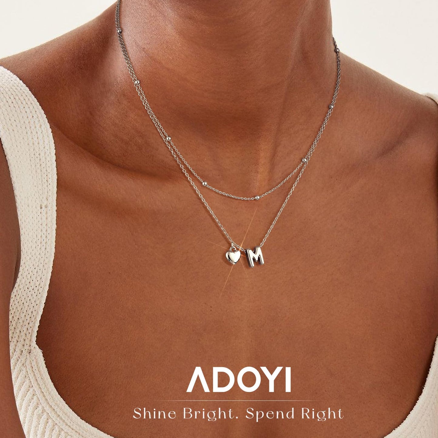 adoyi Silver Heart Initial Necklaces for Women 14k Gold Plated Layered bubble Letter Necklace Dainty Heart N Pendant Necklace Stack Birthday Valentines Gifts for Women Jewelry