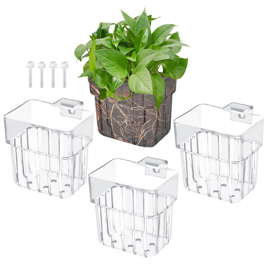 Gosknor 4pcs Aquarium Plant Holders, Transparent Plastic Fish Tank Plant Pots Hanging Aquarium Planter Aquarium Plant Basket Aquatic Plant Cup for Aquarium Fish Tank Hydroponic Plants