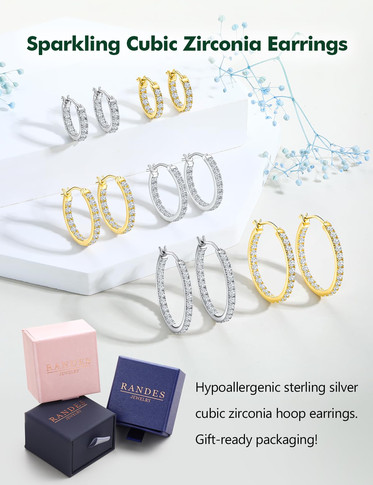 RANDES 925 Sterling Silver Hoop Earrings 20mm Cubic Zirconia Cz Earring Hoops for Women Trendy 2.5 Carat Round Cubic Zirconia Wedding Earrings