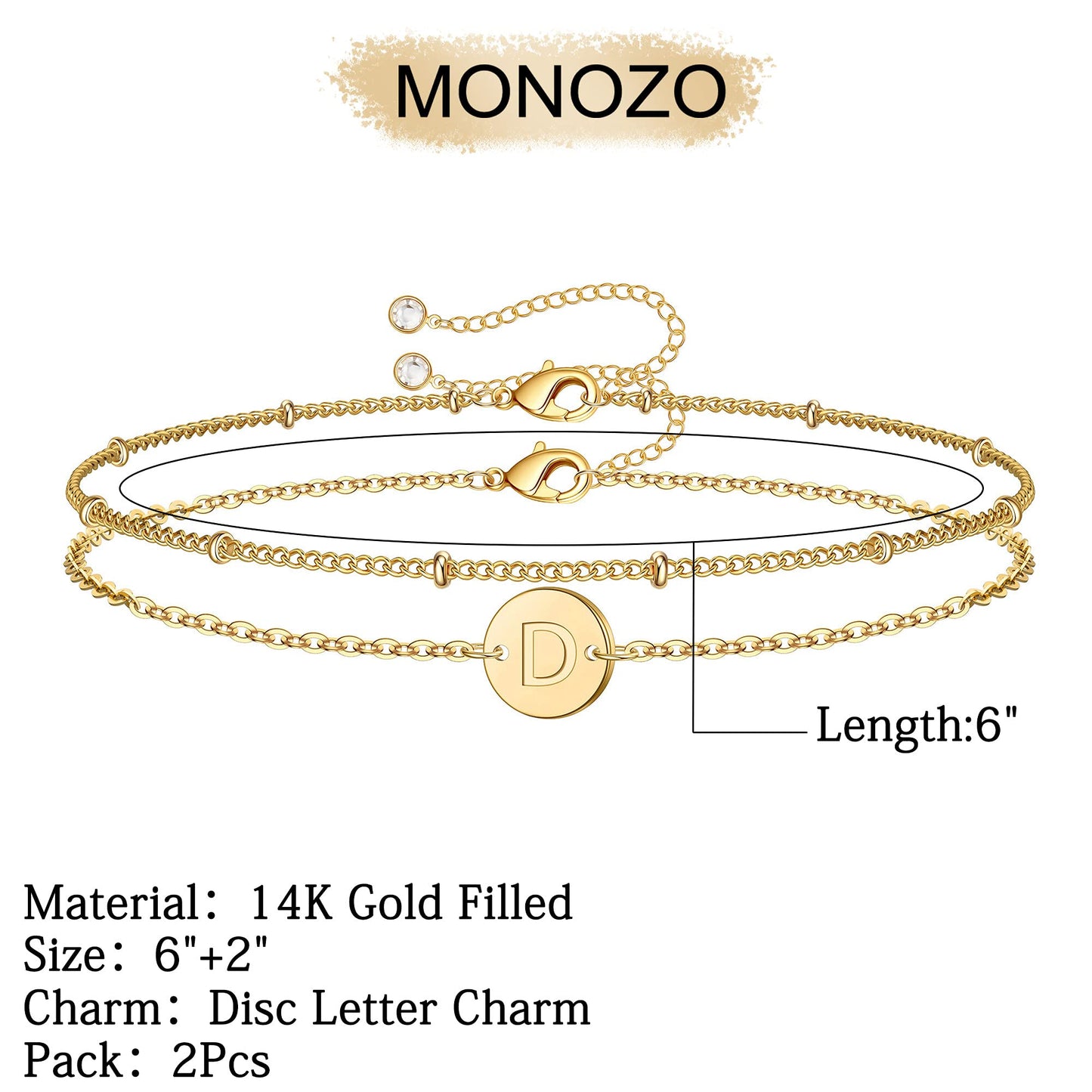 MONOZO Gold Initial Bracelets for Women, Dainty 14K-gold-plated Layered Beaded D Letter Initial Bracelet Personalized Alphabet Disc Monogram Charm Bracelet Jewelry Gifts