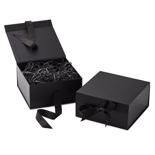 Hallmark Medium Gift Boxes with Bow and Shredded Paper Fill, Pack of 2 (Black 8 inch Box) for Weddings, Graduations, Birthdays, Father's Day, Groomsmen Gifts, All Occasion