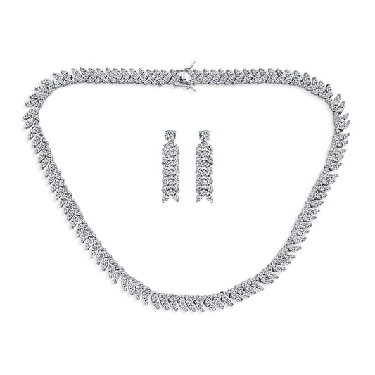 Art Deco Style Fashion Bridal Multi Marquise AAA CZ Statement Collar Tennis Necklace Matching Chandelier Dangle Earrings Jewelry Set For Women Wedding Prom Pageant Silver Plated