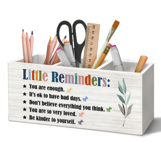 Yjeslw Little Reminders Inspirational Pen Holder Organizer for Desk Accessories, Positive Gifts, Mental Health Motivational Wooden Box Sign Desk Decorations for Home Bedroom Office Decor