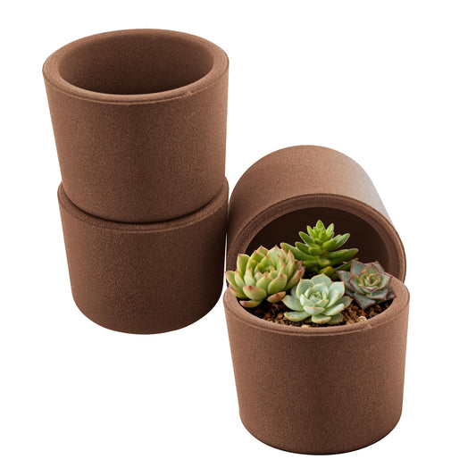 Rayjee Ultra-Breathable Sand Planter Pot, 4-Inch Small Indoor Flower Pot, One-Piece Compression Formed, Sintered at 2000°F+, No Side Leakage, Ideal for Succulents, Cactus & Bonsai-Round Brown 3PCS