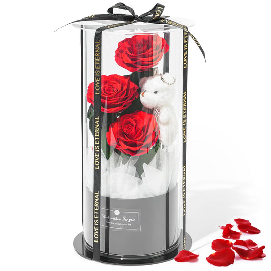 Amoueterno Flowers Forever Roses in A Box, 3 Real Roses with Stems and Bear, Eternal Rose Gifts for Her,Birthday Gifts for Women, Mom,Girlfriend,Grandma,Daughter,Red
