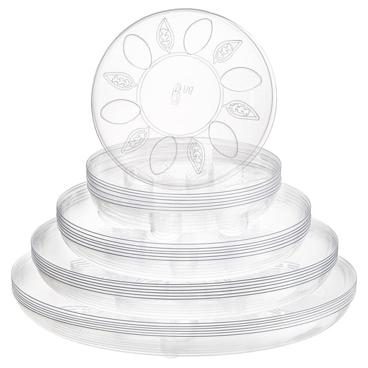 YOUEON 24 Pack Clear Plant Saucers with Feet, 6/8/10/12 Inch Heavy Duty Plastic Plant Drip Trays, Flower Pot Trays, Plant Water Catcher Tray for Indoor & Outdoor Plants, Round, 4 Sizes