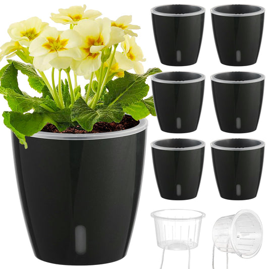 KvyusFlourish Self Watering Pots for Indoor Plants, 6-Pack 5'' Self Watering Planter with Drainage Holes, Small African Violet Pots with Water Indicator, Clear Wick Orchid Pot, Black