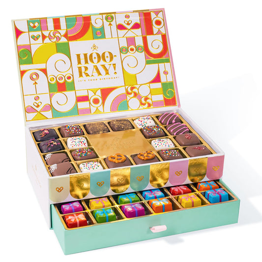 Birthday Gift Basket, Gourmet Candy Food Snack Box, Bday Him & Her, Men, Women, Family Party, Two-Tier Chocolate Gift Box with Assorted Belgian Truffles, 10+ Flavors, Bonnie and Pop (Birthday)