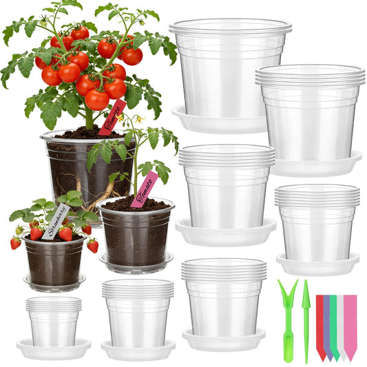 30Pcs Clear Plastic Nursery Pots with Drainage Holes and Saucers, 2.8/3/3.5/4/5/6/7 Inch Grow Seedling Starte Pots with Labels & Punch Tool for Indoor Plants, Flower, Herb, Succulent Transplanting