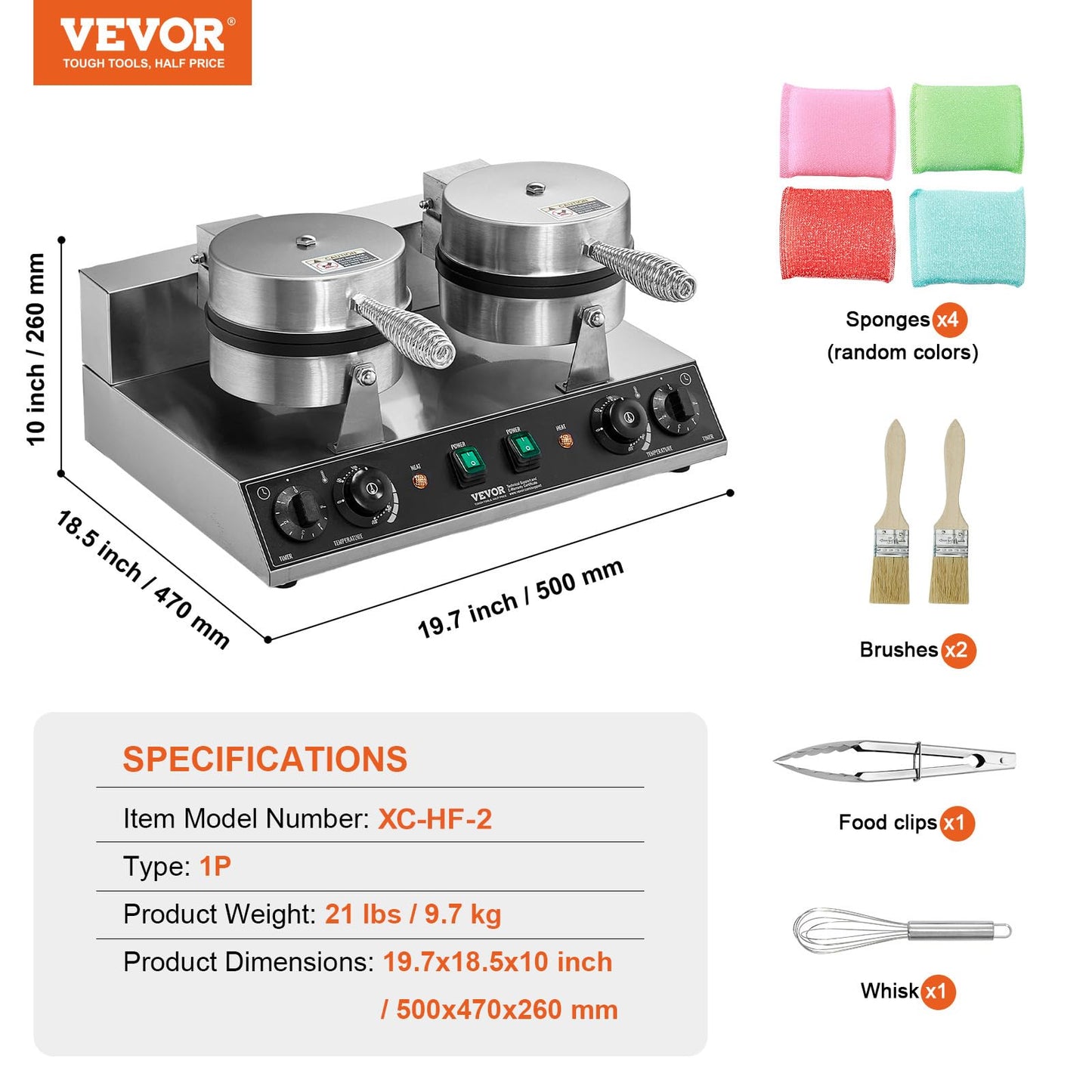 VEVOR Commercial Waffle Maker, Dual-Head Round Waffle Baker Machine, 2460W Non-Stick Stainless Steel Belgian Waffle Iron with Temp and Time Control, Handle, for Restaurant Bakery Snack Bar Family