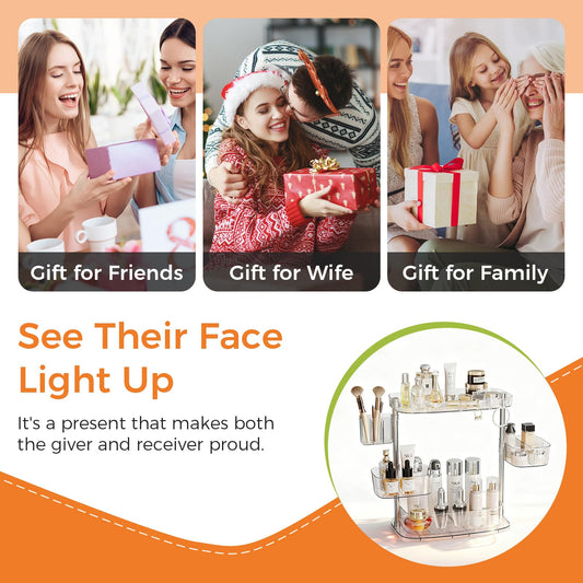 YOSHIONAL Rotating Makeup Vanity Organizer, Bathroom Countertop Cosmetic Skin Care Storage,Cosmetic Display Case with Brush Holder,for Skincare Perfume Cosmetics,Detachable Hanging Trays & Hooks