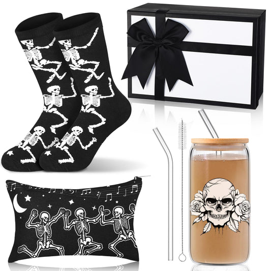 Skylety Goth Dancing Skeleton Gift Box of 4 Include 16oz Goth Glass Cup Gothic Stuff Spooky Sock Makeup Bag Spooky Gift Baskets for Xmas Holiday Women Gothic Lovers Stuff