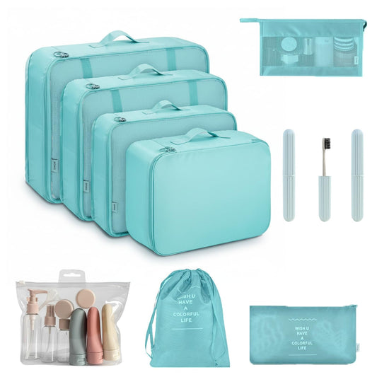 11 Set Packing Cubes for Travel,Gifts for Women Mom,Anti-Tearing Suitcase Organizer for Luggage with Shoe & Hanging Toiletry Bag, Toiletries Travel Bottles, 3 Portable Toothbrush Cases, Green