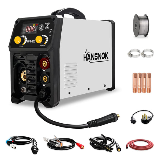 HANSNOK 200A MIG Welder Machine,4 in 1 Welding Machine Gas MIG/Flux Core MIG/Lift TIG/Stick 110V/220V Dual Voltage multiprocess Portable Welder Machine with Synergy, IGBT Inverter HD LED Display