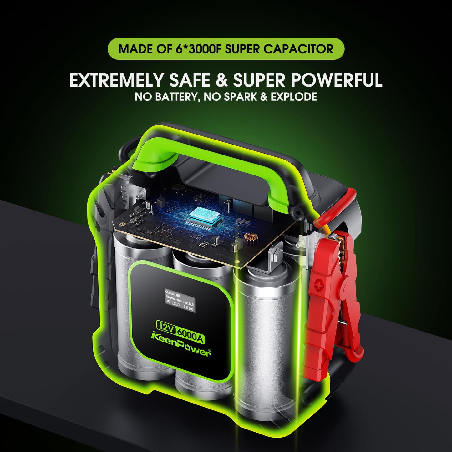 KeenPower 6000A Super Capacitor Jump Starter [Upgraded Clamps & Screen Version] – No Traditional Battery, Powered by 6X 3000F Supercapacitors, Works in -45°F Env, 3-Mins Fast Charging for Instant Use