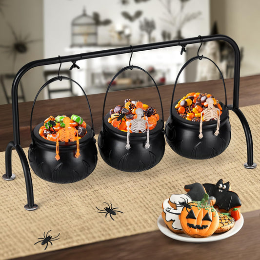Halloween Decor - Halloween Party Decorations - Set of 3 Witches Cauldron Serving Bowls on Rack - Black Plastic Cauldron with Skeletons for Indoor Outdoor Home Kitchen Decoration