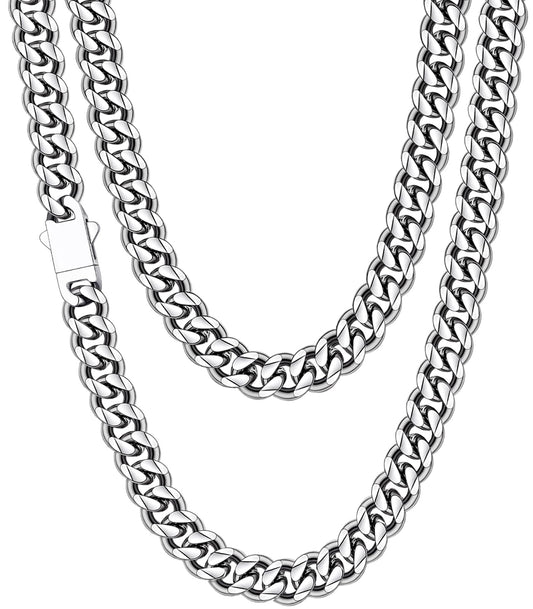 Fiusem 10.5mm Silver Colored Chains for Men, Silver Plated Cuban Link Chain Necklace for Men and Women, Stainless Steel Necklaces 24 Inch