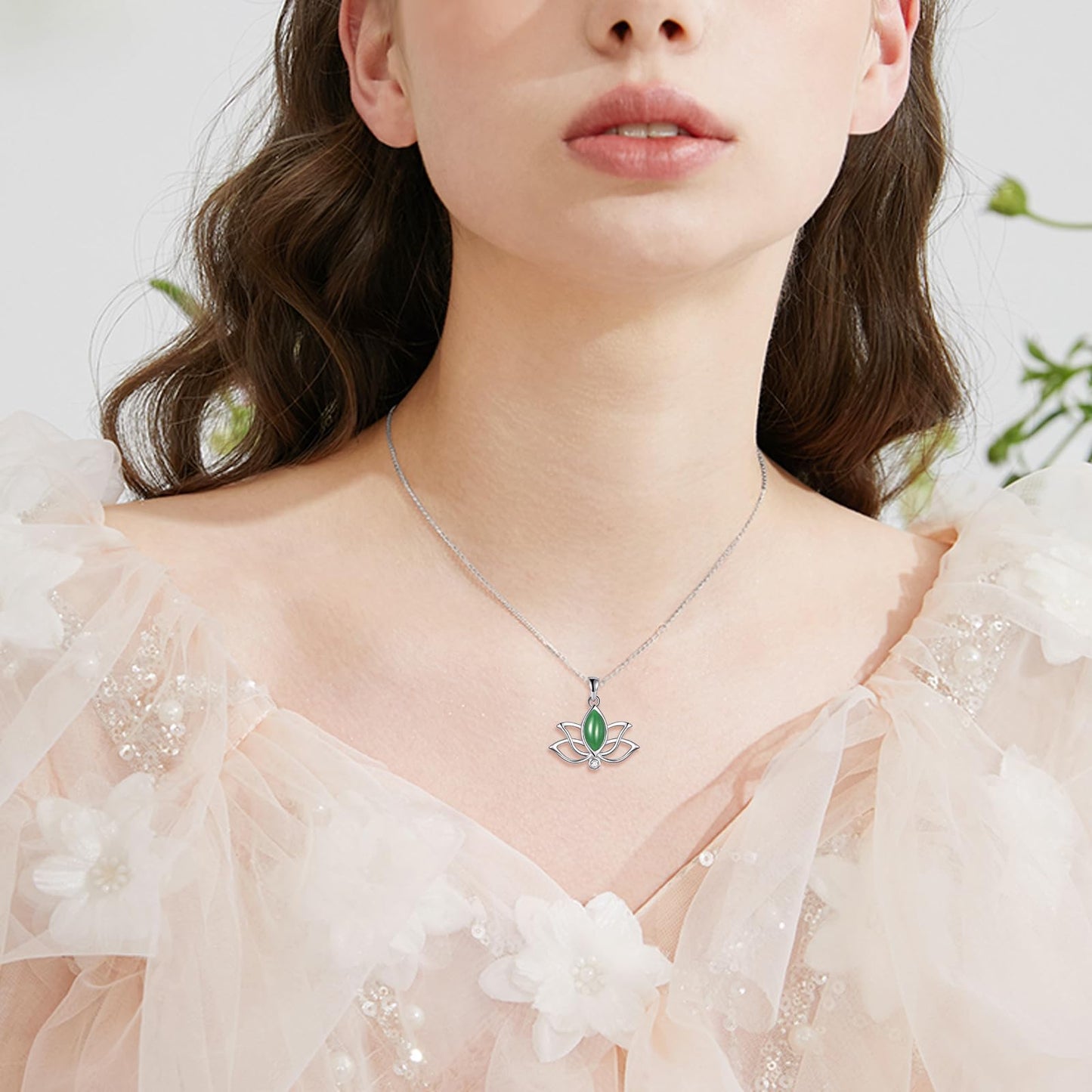 YFN Lotus Flower Necklace Sterling Silver Green Jade Lotus Pendant Lotus Jewelry Gifts for Women