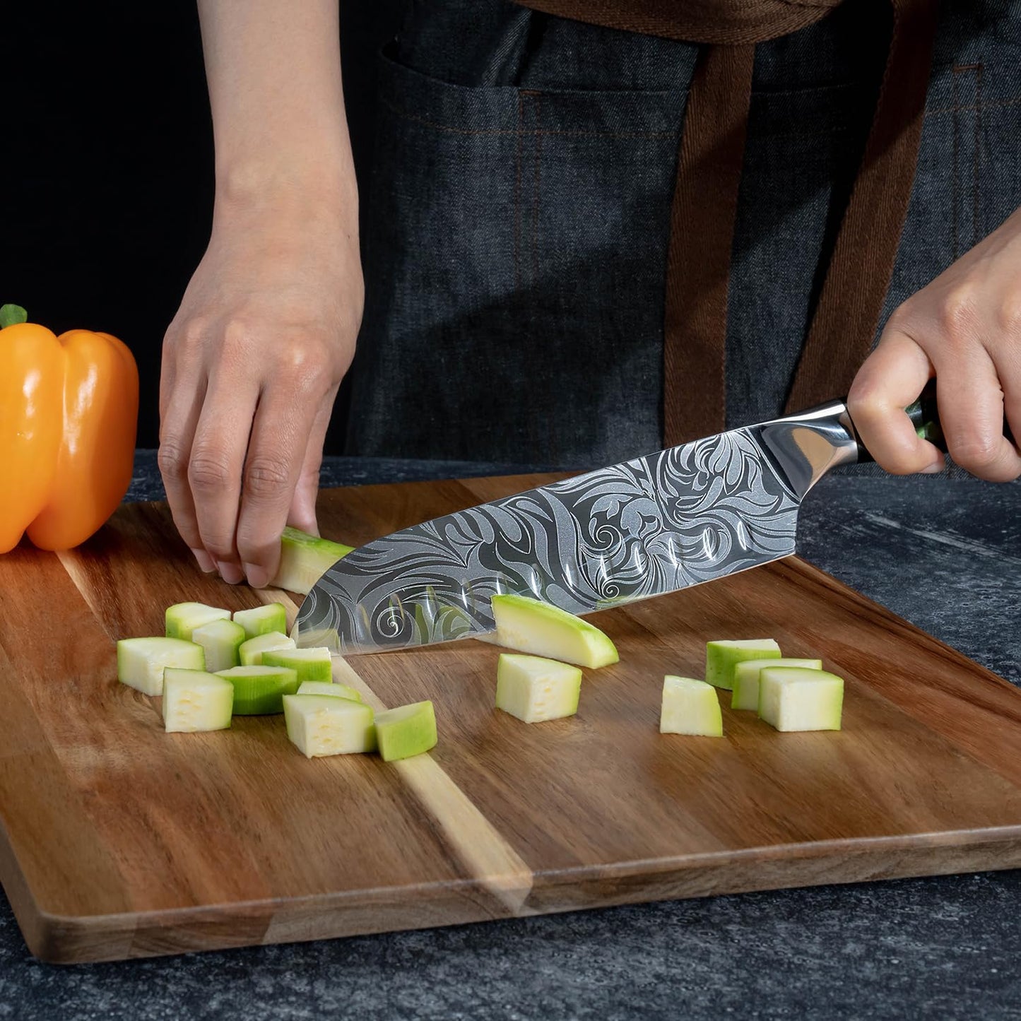 SENKEN 8-piece Engraved Japanese Kitchen Knife Set & Beautiful Green Resin Epoxy Handles - Wasabi Collection - Chef's Knife, Bread Knife, Cleaver Knife, Paring Knife, & More