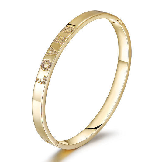 WISTIC Gold Plated Bangle Bracelet for Women, Silver Engraved Letter Cuff Bracelet with CZ, Fits 6.0–7.0 Inch Wrist, 2.4in Inner Dia., Rose Gold Stainless Steel Hinged Bangle Jewelry, LOVED, Gold