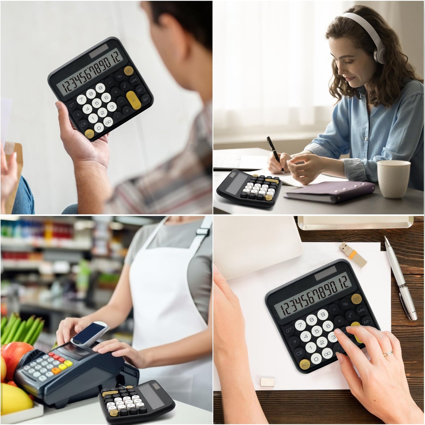 Black Calculator, UPIHO Standard Calculator 12 Digit with Large LCD Display and Big Buttons, Black Gold Office Accessories for Women Desk, Supplies for Office,School, Home, Business