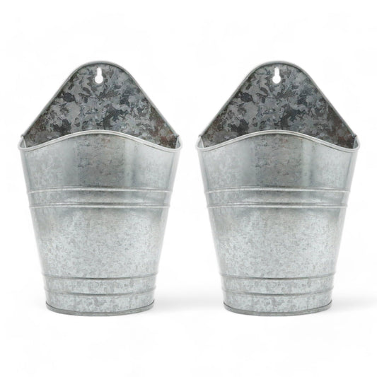 Hosley Set of 2 Galvanized Wall Planters, 10 Inch Hanging Metal Buckets for Indoor Outdoor Garden, Farmhouse Wall Decor, Rustic Patio & Balcony Planter Pots