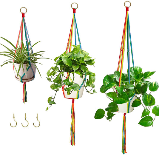 HOWMAX Rainbow Macrame Plant Hangers Indoor Outdoor, 3 Pack Different Size Flower Pot Holder Hanging Plant Holder for Windows Garden Boho Home Decor