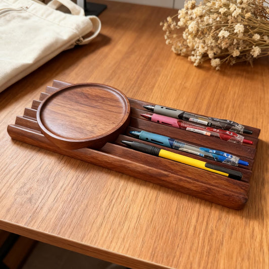 JUTSTJUKO Pen Holder Wave Pen Tray Wooden Desk Organizer,Pencil Holder,Fountain Tray,Pencil Organizer for Desk (Walnut)