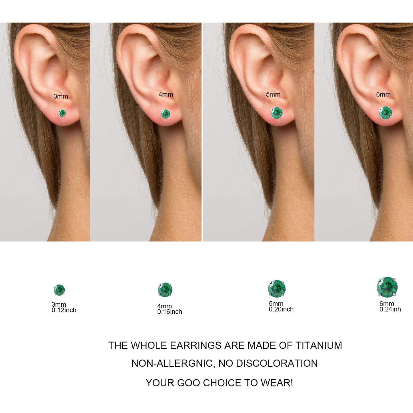 1 Pair Implant Grade Titanium Stud Earrings Set Hypoallergenic 3mm 4mm 5mm 6mm Cubic Zirconia G23 Titanium Earring Studs for Women Men for Sensitive Ear (4mm green)
