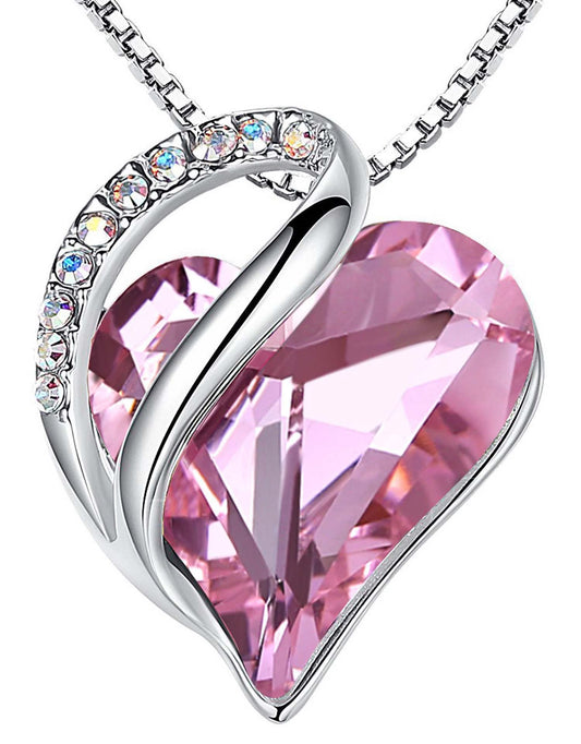 Leafael Gift Necklaces for Women, Infinity Love Birthstone Heart Pendant, Rose Quartz Pink Crystal for October, Birthday Jewelry for Her, Mom, and Wife, Silver Plated, 18" + 2" Chain