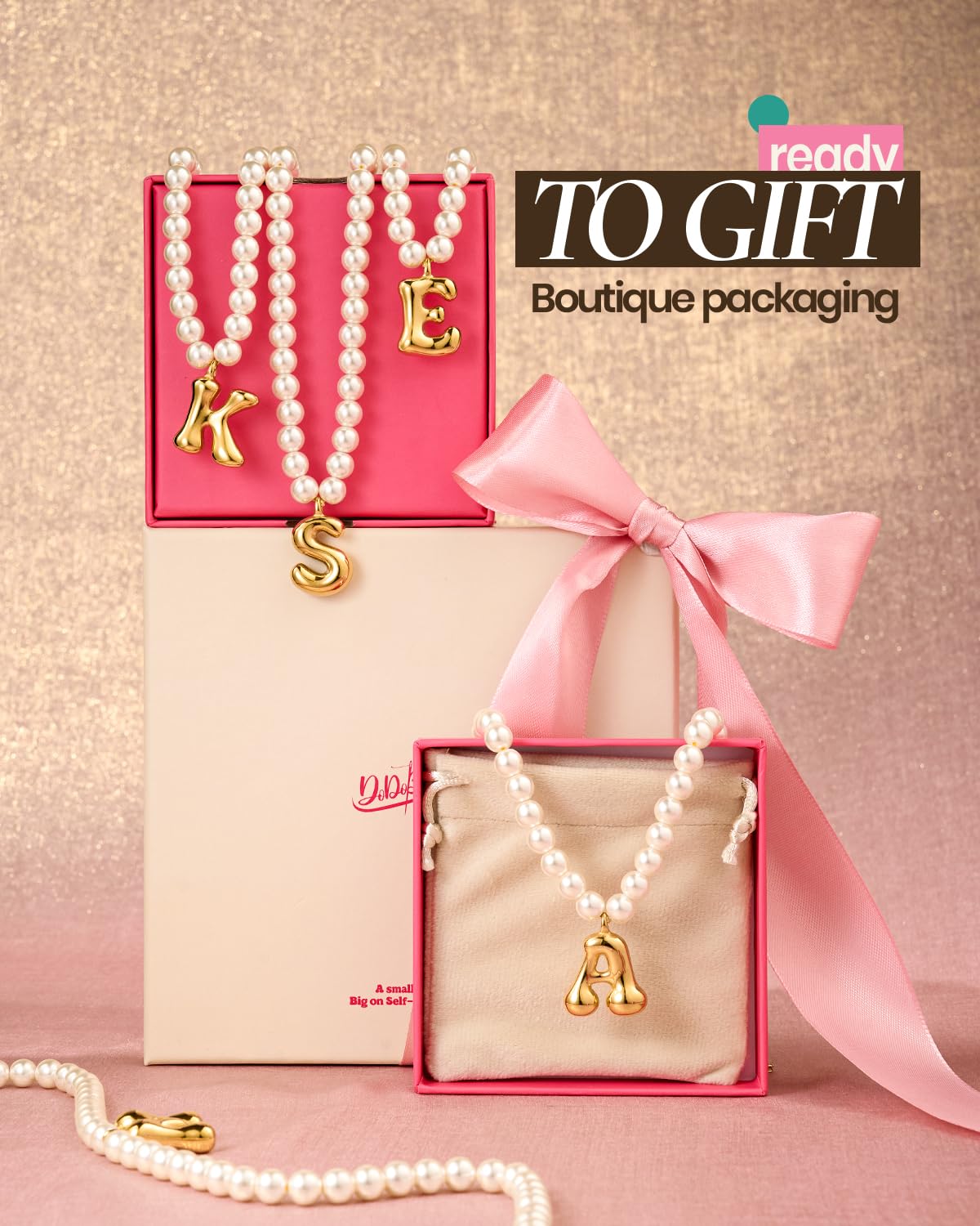 DoDoBeads Pearl Initial Necklace, 18K Gold Plated Stainless Steel Balloon Letter Pendant W, Non-Tarnish Waterproof Chunky Monogram Jewelry Gifts for Women Teens