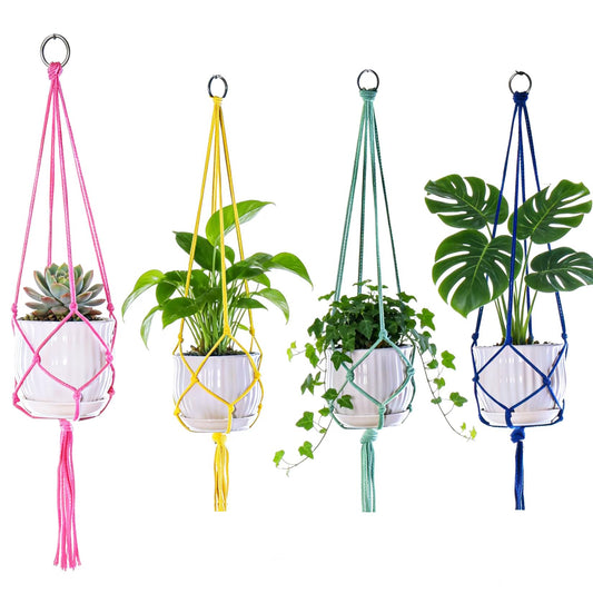 Markeny Macrame Plant Hanger, 4 Pieces Colourful Large Macrame Rope Hangers for Garden Patio Home Decor