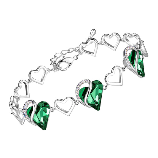 Leafael Mothers Day Gifts Infinity Love Heart Bracelet for Women, May Birthstone Crystal, Emerald Green, Silver Tone Adjustable Chain