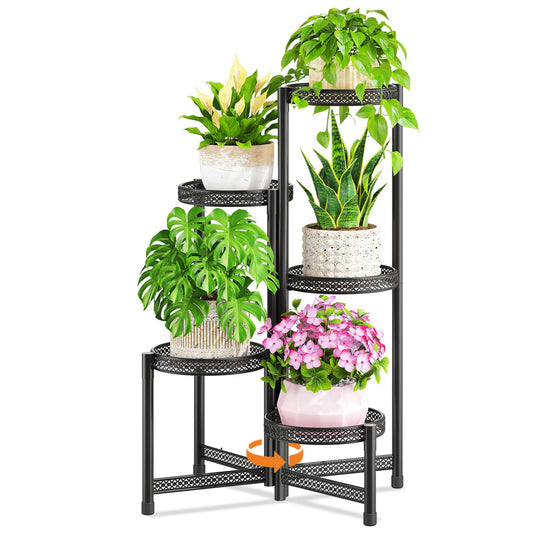 LASZOLA 5 Tiered Folding Tall Plant Stand Indoor Outdoor for Large Planter, Heavy Duty Metal Adjustable Multiple Flower Rack for Corner, Wrought Iron High Spiral Holder for Modern House Patio, Black