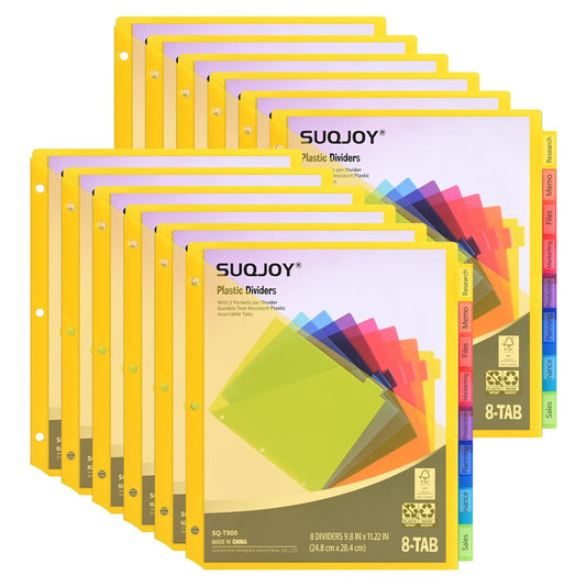 SUQJOY 8-Tab Dividers for 3 ring binder, 96 Count Binder Dividers with Pockets, Subject Dividers, 3-Hole Plastics Sheets Protectors for US Letter Size in 0.5", 1",2" Binders, Vibrant 8 Color, 12 Packs