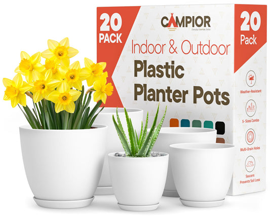 Campior Plastic Plant Pots with Drainage - Home Decor Flower Pot, Stackable Design for Indoor & Outdoor Use, Lightweight and Sturdy, Space-Saving, (7”, 6.6”, 6”, 5.3”, 4.8” Inches), Pack of 20, White