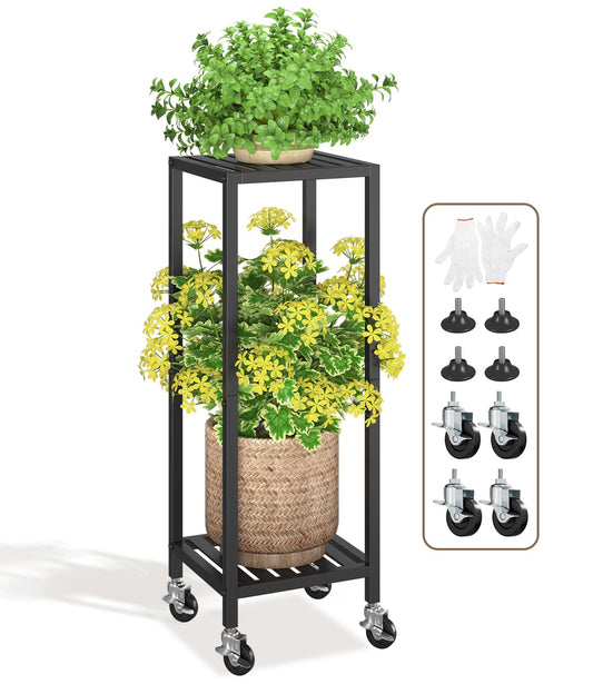 LASZOLA 2 Tier Black Metal Plant Stand Indoor Outdoor with Wheel for Large Planter, Modern Heavy Duty Tall Rolling Rack for Corner House Bathroom Patio Floor, Iron Flower Shelf Holder for Orchid Fern