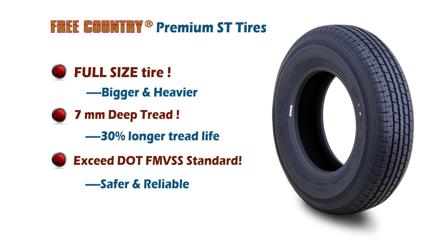 FREE COUNTRY Set 2 Premium Trailer Tires ST205/75R15 205 75 15 8-Ply Load Range D Radial w/Scuff Guard
