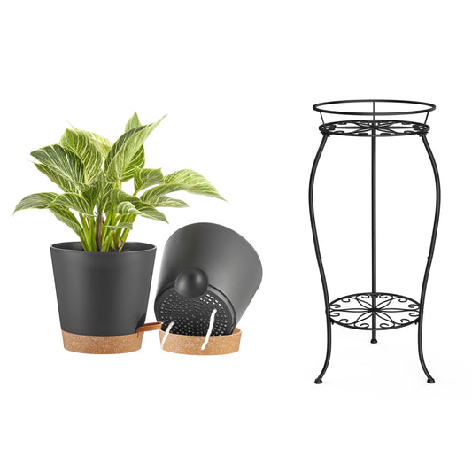 FaithLand 2 Tier Plant Stand and 2-Pack 9 Inch Self Watering Pots Bundle