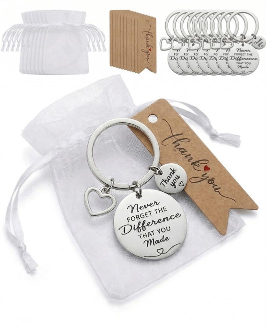 AWEZO 12 Set Employee Appreciation Gift Set for Coworkers and Teachers - Stainless Steel Keychains with Never Forget the Difference That You Make Quote, Kraft Thank You Tags, and Organza Bags