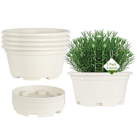 KPUVX 5 Pack 8.5 inch Plant Pot,Outdoor Flower Pots,Plastic pots for Plants Indoor with Drainage Holes and Trays, Decorative Garden Containers Sets for Houseplants