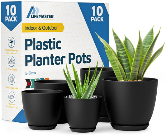 Lifemaster Plant Pots with Multi Drainage Holes - 10 Pieces Versatile, Sturdy Plastic, Stackable Design Home Decor Flower Pots for Indoor and Outdoor Gardening - Black