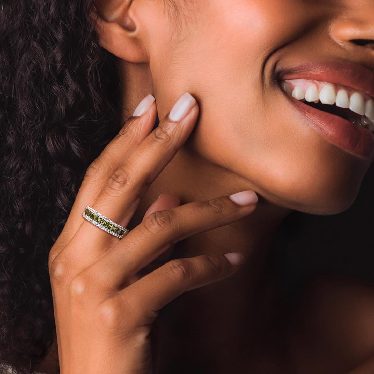 RANDES Peridot Band Rings for Women August Birthstone Ring 925 Sterling Silver Channel Set Princess Cut Anniversary Band Size 7