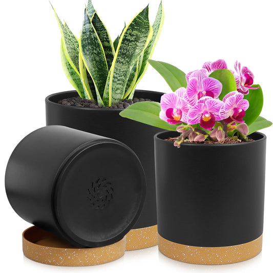WSMKSZ 3 Pack 6/5/4 inch Cylindrical Flower Pots, Modern Small Round Plastic Plant Pots with Drainage Holes & Saucers, Clean and Refined Planter Pots for Outdoor, Indoor & Office Decor (Black Brown)